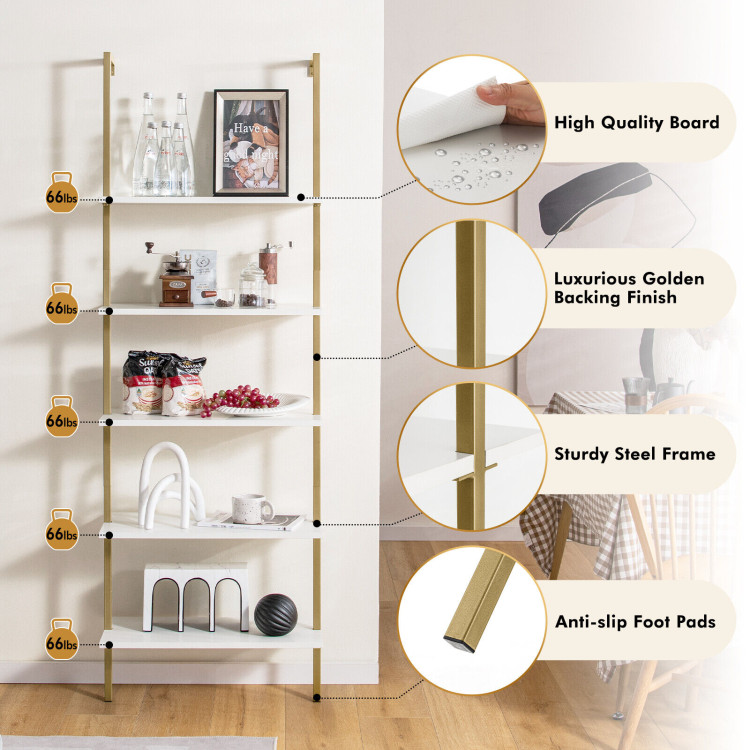 5 Tier Ladder Shelf Wall-Mounted Bookcase with Steel Frame-GoldenCostway Gallery View 5 of 10